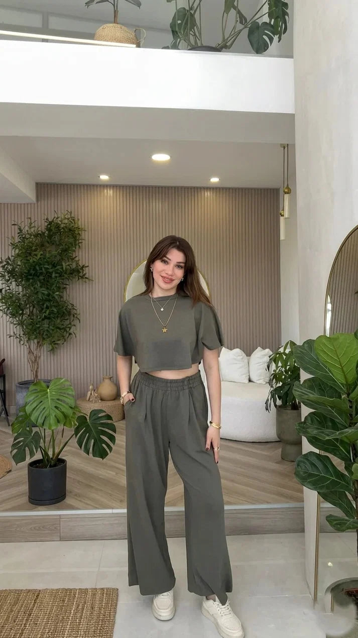 Women Oversized Crop T-Shirt & Wide-Leg Lounge Pants Co-Ord Set MWTS-39