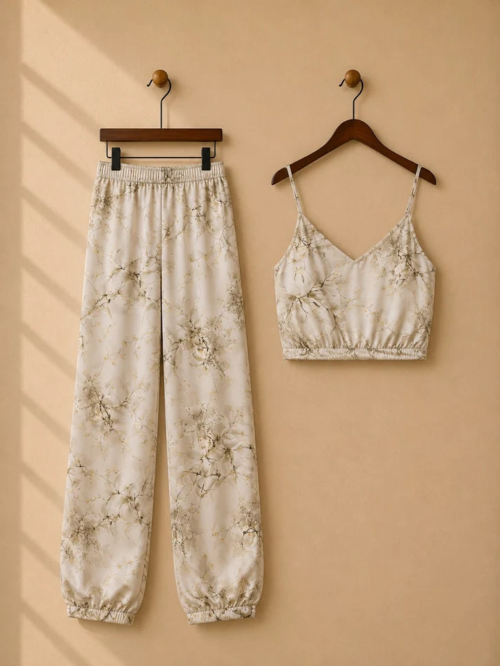 Leaf Print Autumn Two Piece Set Top and Long Pants.