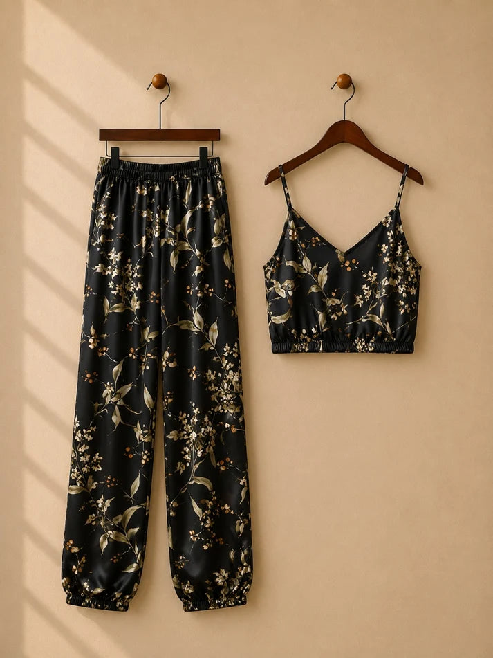 Leaf Print Autumn Two Piece Set Top and Long Pants.