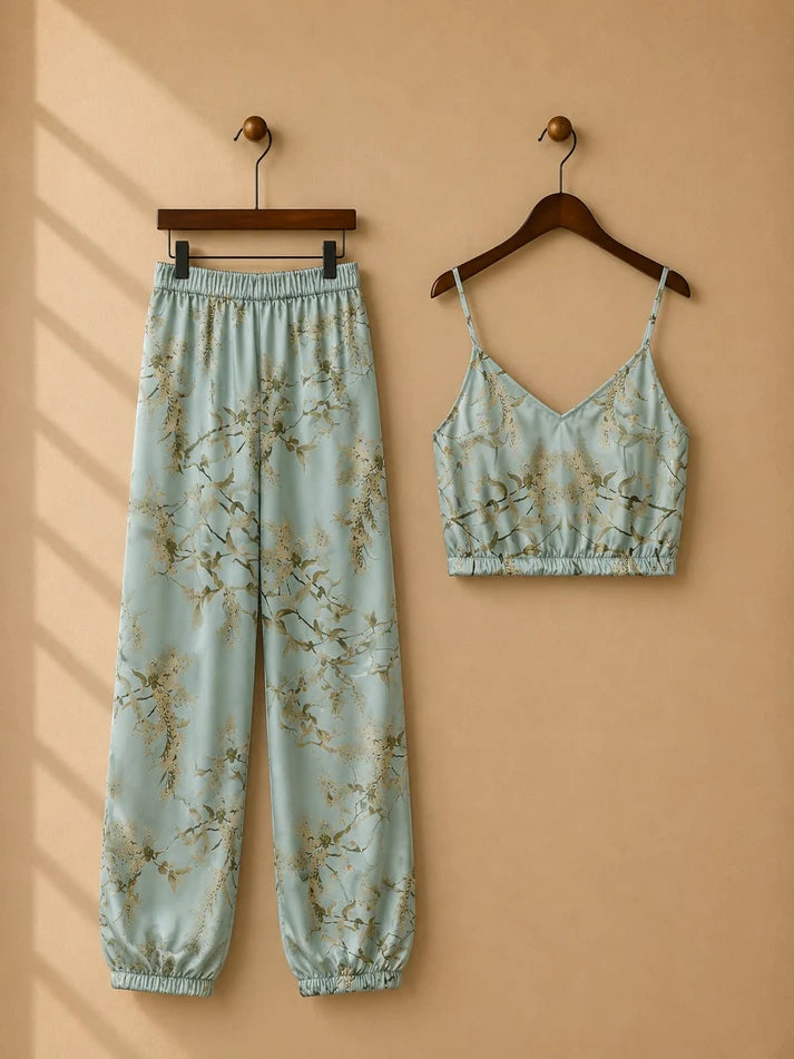 Leaf Print Autumn Two Piece Set Top and Long Pants.