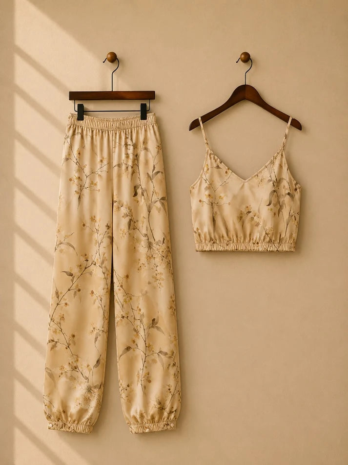 Leaf Print Autumn Two Piece Set Top and Long Pants.