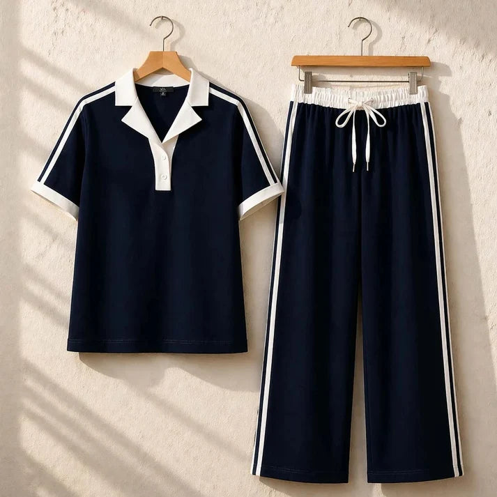 Contrast Collar Style Western 2-Pcs Summer Dry-Fit Tracksuit For Her.