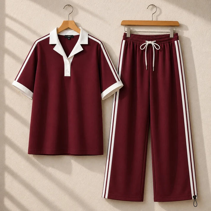 Contrast Collar Style Western 2-Pcs Summer Dry-Fit Tracksuit For Her.